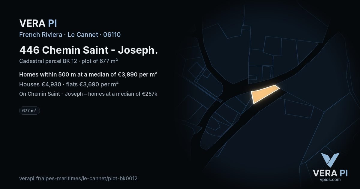 446 Chemin Saint - Joseph, Le Cannet at night – the plot lit, the parcels around coloured by the prices near them