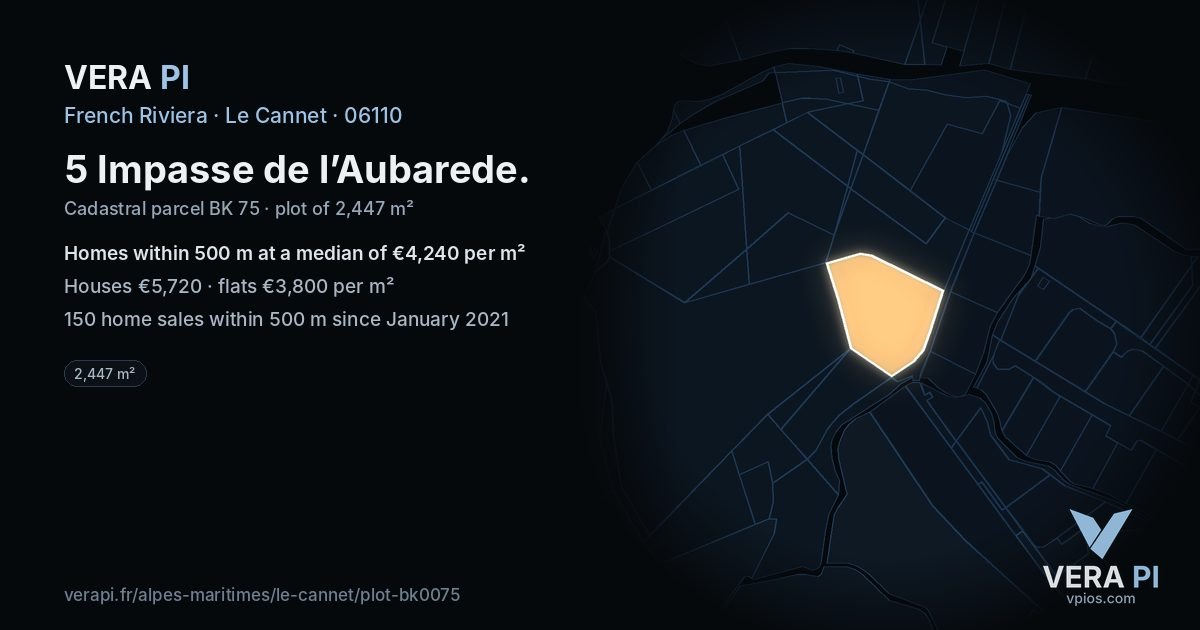 5 Impasse de l’Aubarede, Le Cannet at night – the plot lit, the parcels around coloured by the prices near them