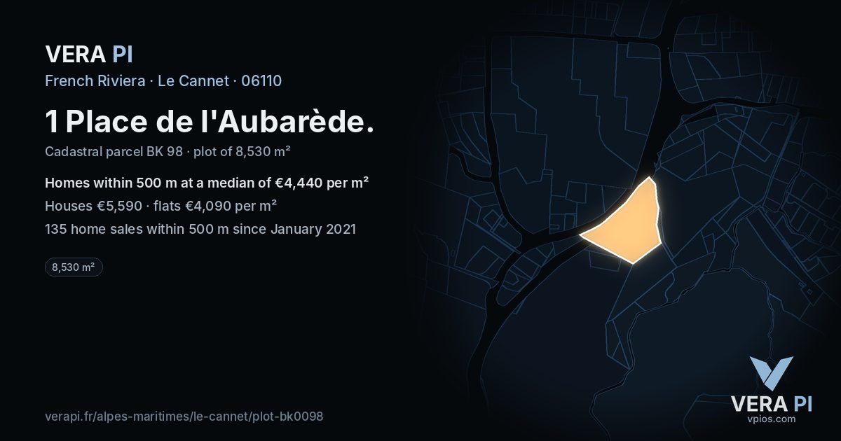 1 Place de l'Aubarède, Le Cannet at night – the plot lit, the parcels around coloured by the prices near them