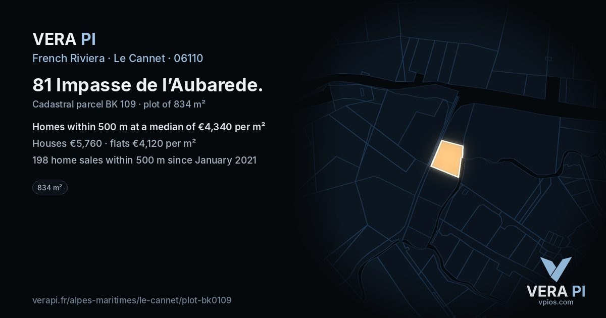 81 Impasse de l’Aubarede, Le Cannet at night – the plot lit, the parcels around coloured by the prices near them