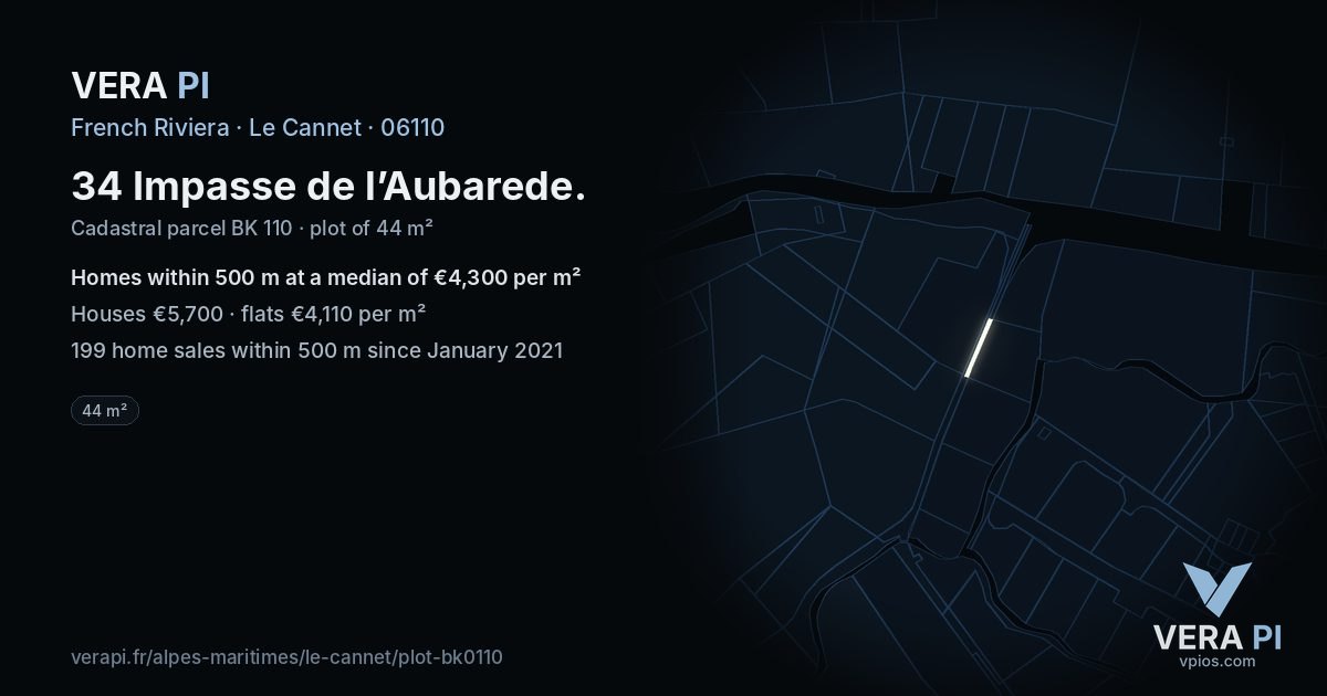 34 Impasse de l’Aubarede, Le Cannet at night – the plot lit, the parcels around coloured by the prices near them