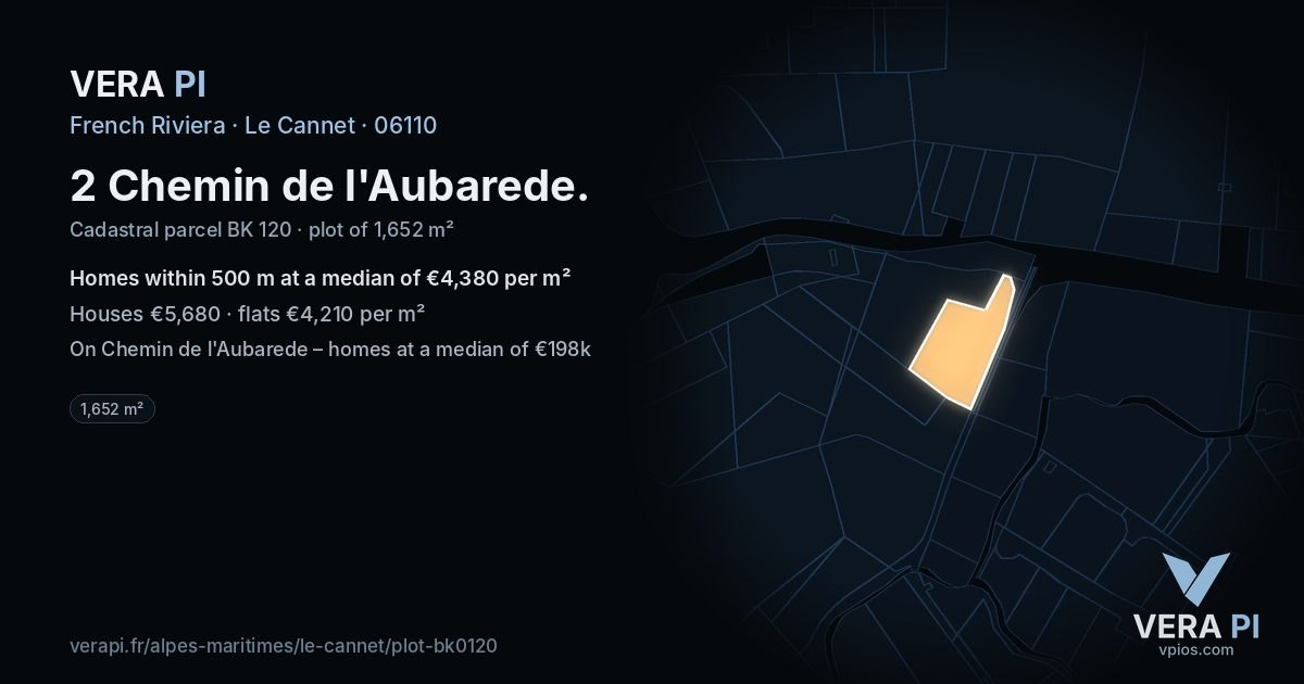 2 Chemin de l'Aubarede, Le Cannet at night – the plot lit, the parcels around coloured by the prices near them