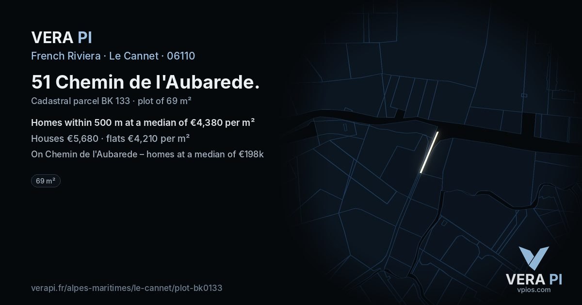 51 Chemin de l'Aubarede, Le Cannet at night – the plot lit, the parcels around coloured by the prices near them