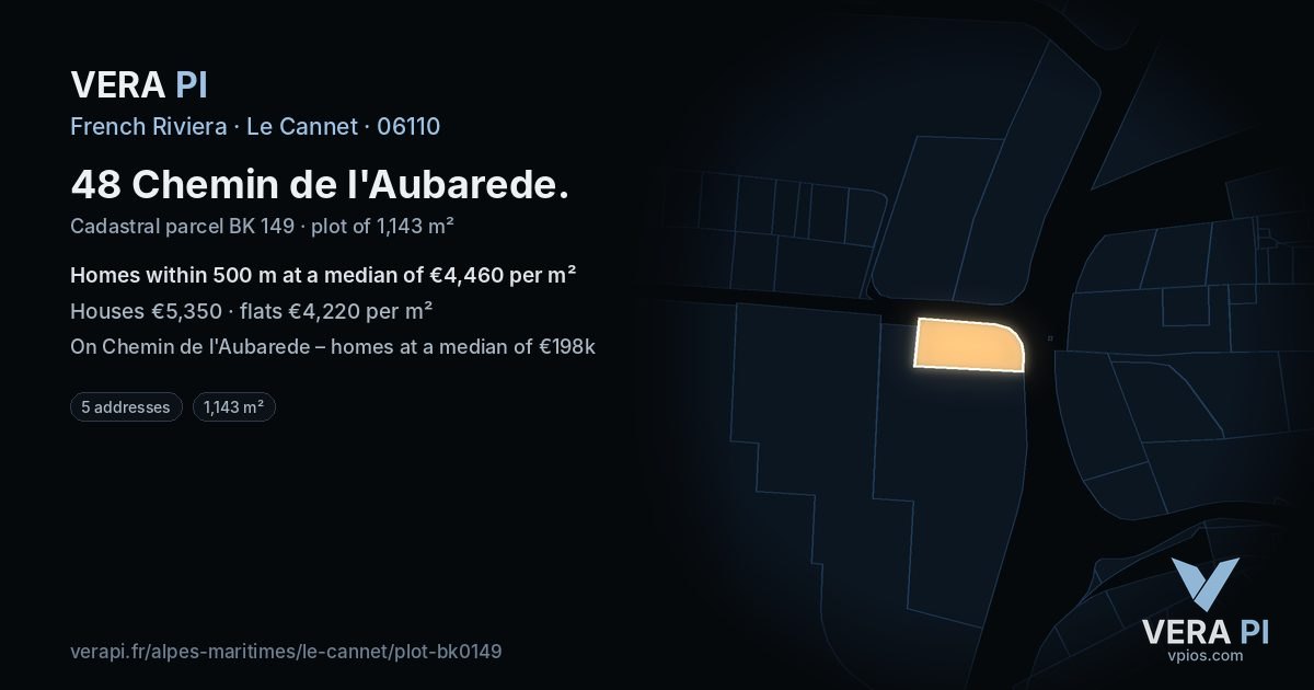 48 Chemin de l'Aubarede, Le Cannet at night – the plot lit, the parcels around coloured by the prices near them