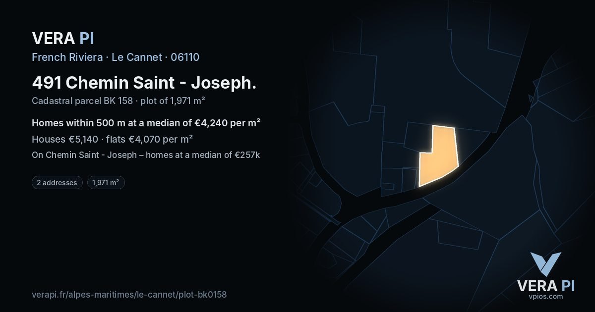 491 Chemin Saint - Joseph, Le Cannet at night – the plot lit, the parcels around coloured by the prices near them
