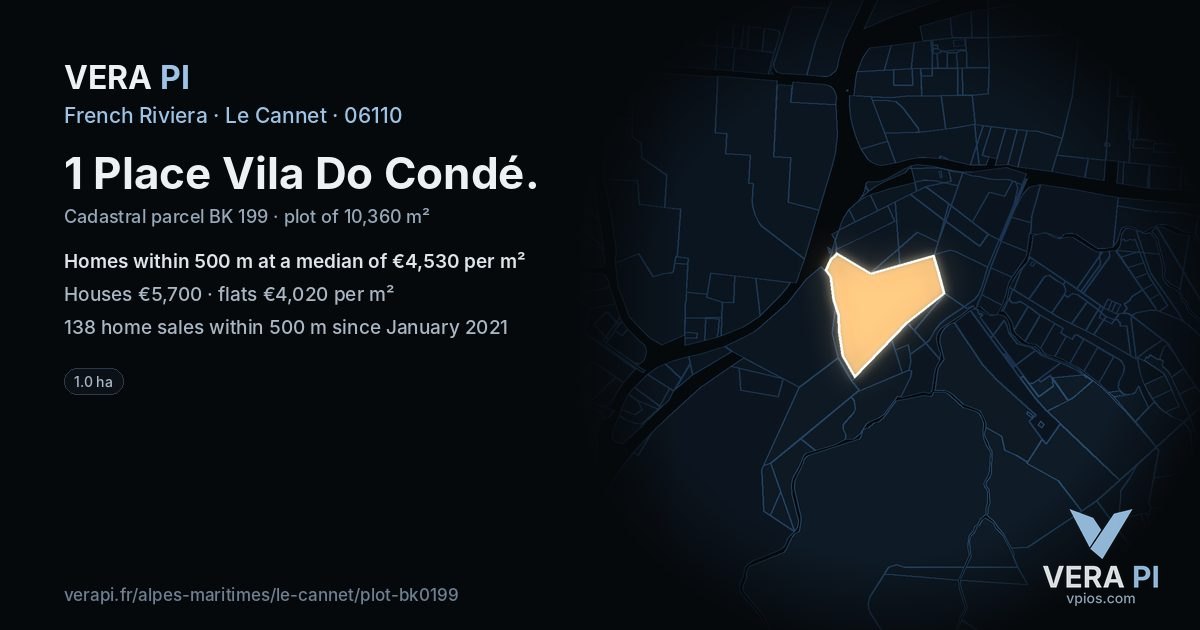 1 Place Vila Do Condé, Le Cannet at night – the plot lit, the parcels around coloured by the prices near them
