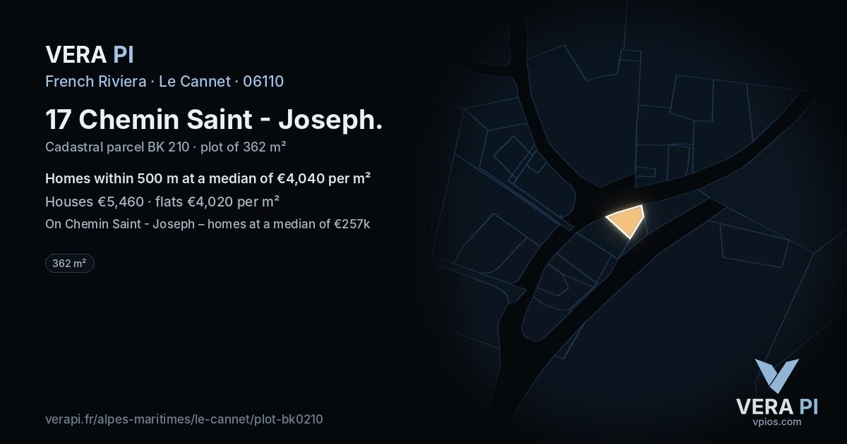 17 Chemin Saint - Joseph, Le Cannet at night – the plot lit, the parcels around coloured by the prices near them