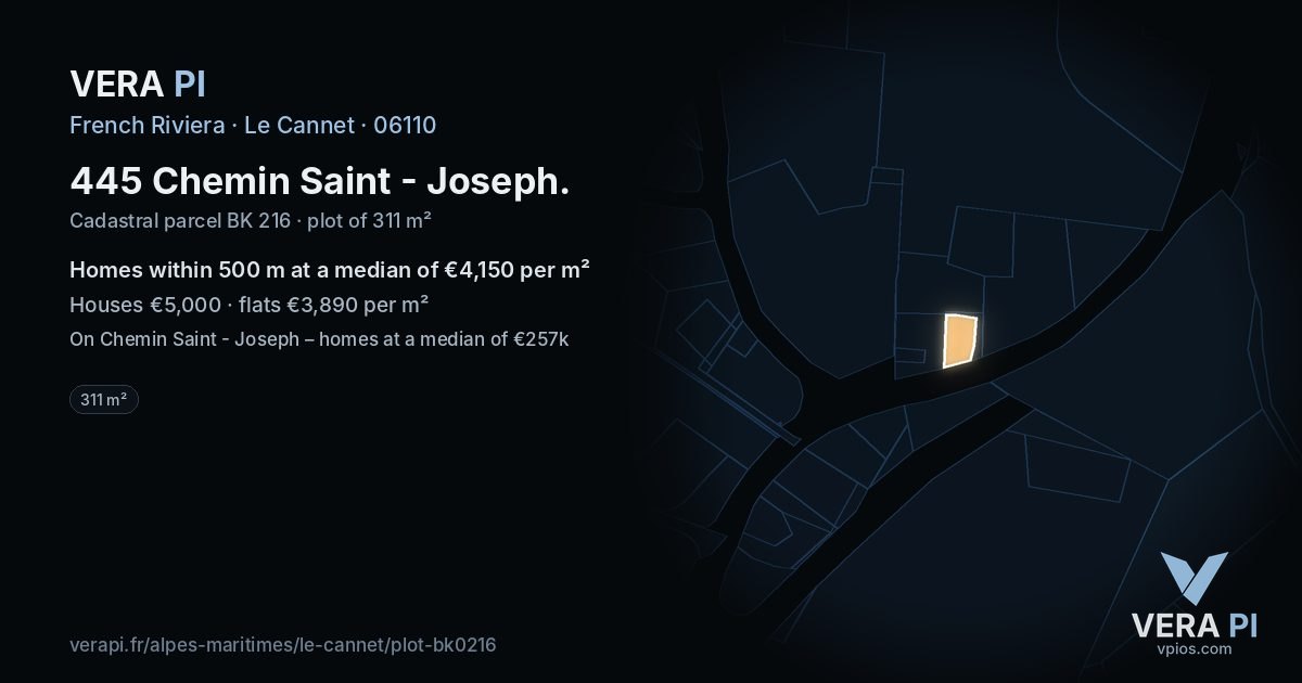 445 Chemin Saint - Joseph, Le Cannet at night – the plot lit, the parcels around coloured by the prices near them
