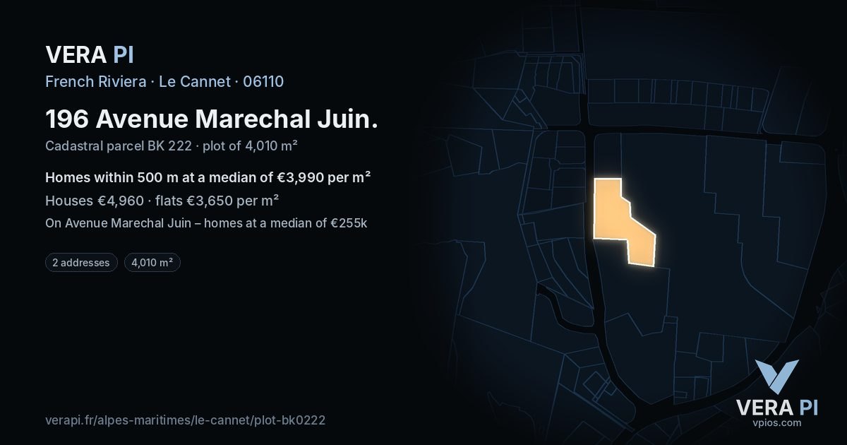 196 Avenue Marechal Juin, Le Cannet at night – the plot lit, the parcels around coloured by the prices near them