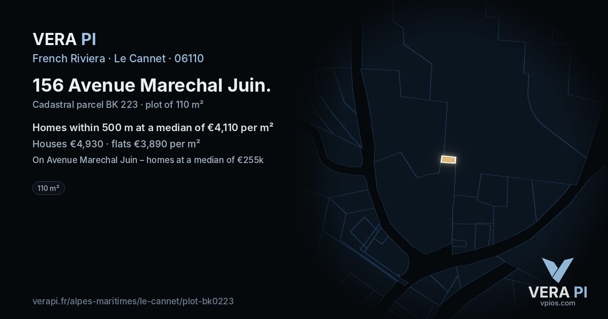 156 Avenue Marechal Juin, Le Cannet at night – the plot lit, the parcels around coloured by the prices near them
