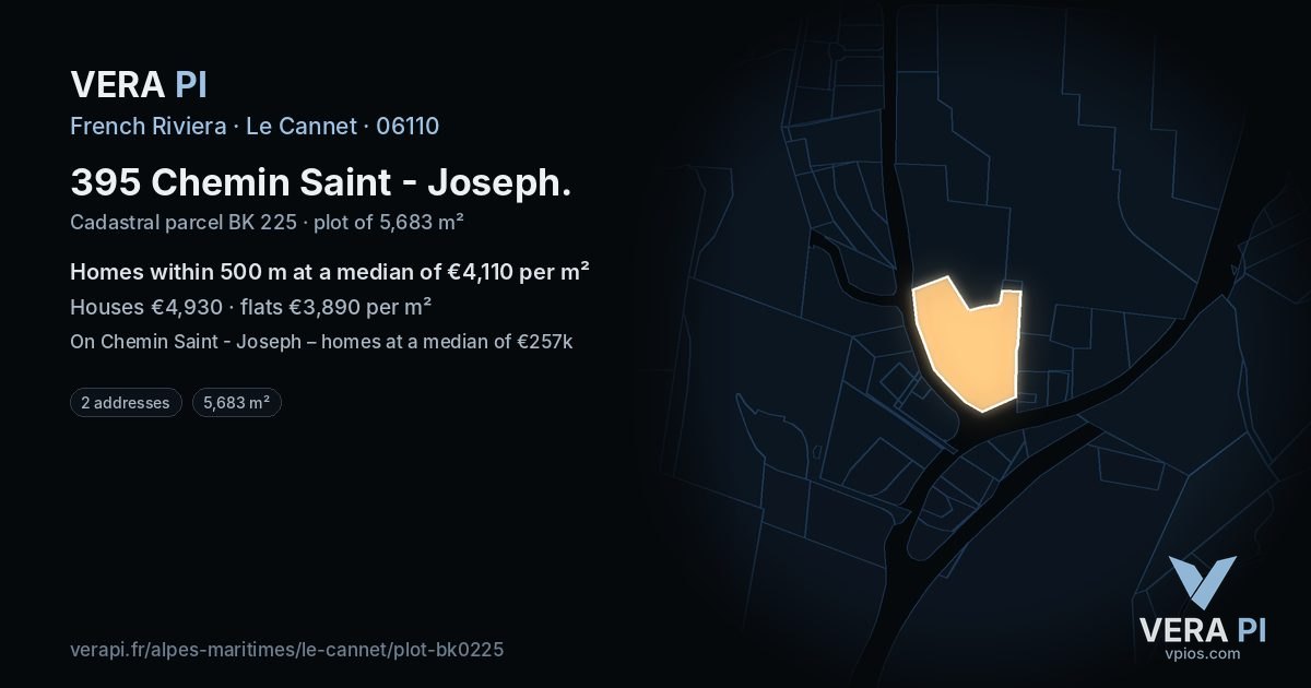 395 Chemin Saint - Joseph, Le Cannet at night – the plot lit, the parcels around coloured by the prices near them