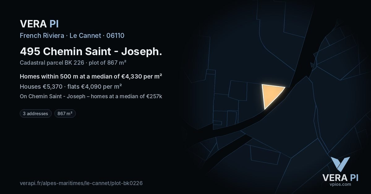 495 Chemin Saint - Joseph, Le Cannet at night – the plot lit, the parcels around coloured by the prices near them