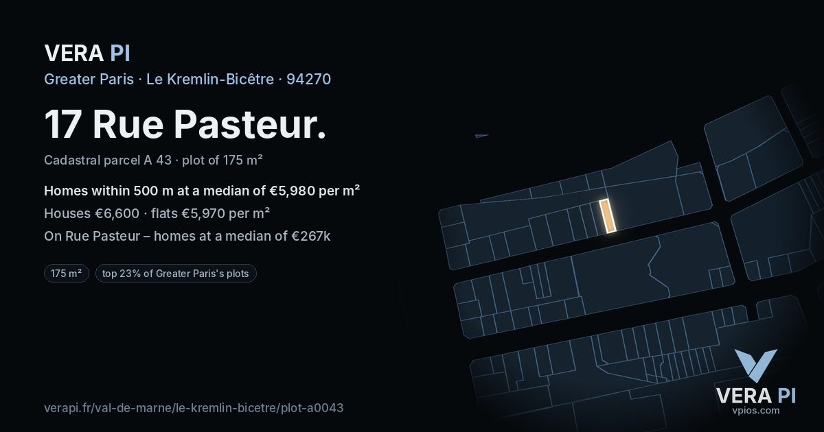 17 Rue Pasteur, Le Kremlin-Bicêtre at night – the plot lit, the parcels around coloured by the prices near them