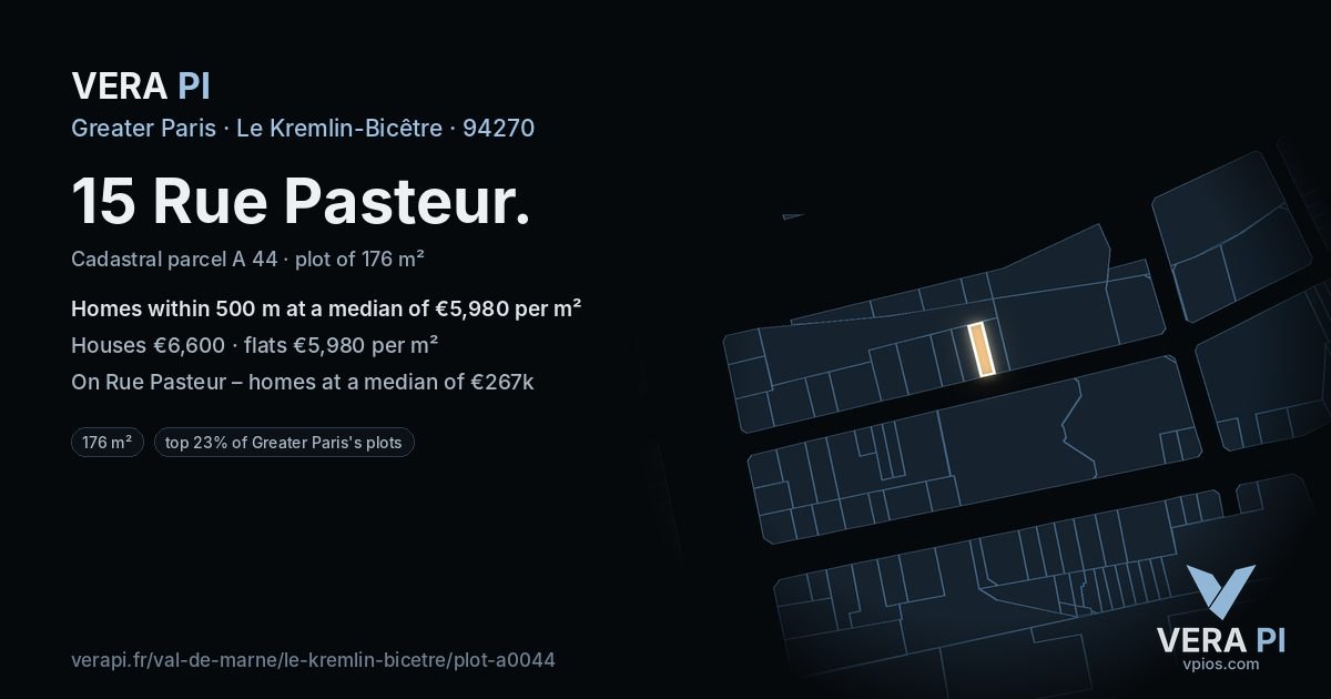 15 Rue Pasteur, Le Kremlin-Bicêtre at night – the plot lit, the parcels around coloured by the prices near them