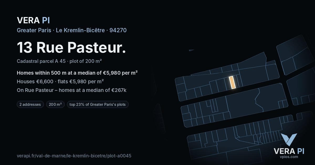 13 Rue Pasteur, Le Kremlin-Bicêtre at night – the plot lit, the parcels around coloured by the prices near them