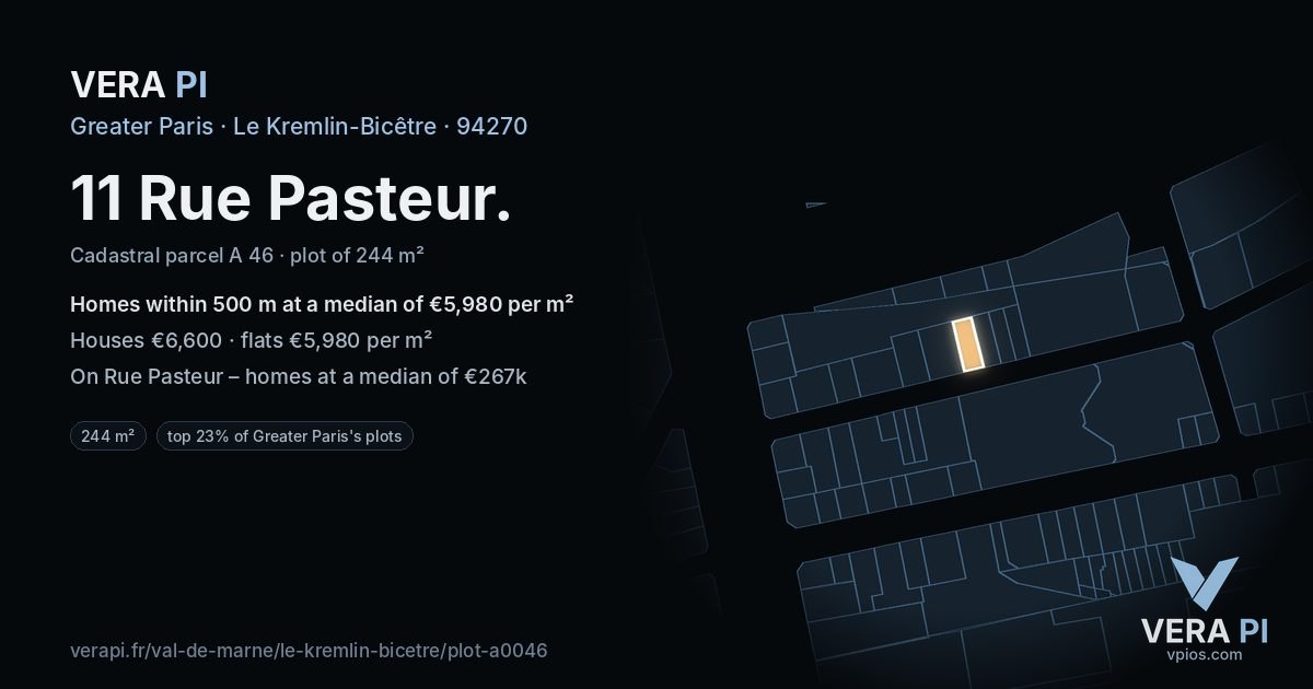 11 Rue Pasteur, Le Kremlin-Bicêtre at night – the plot lit, the parcels around coloured by the prices near them