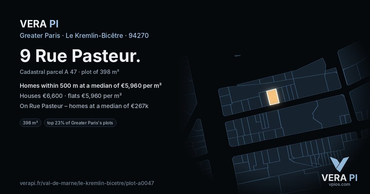 9 Rue Pasteur, Le Kremlin-Bicêtre at night – the plot lit, the parcels around coloured by the prices near them