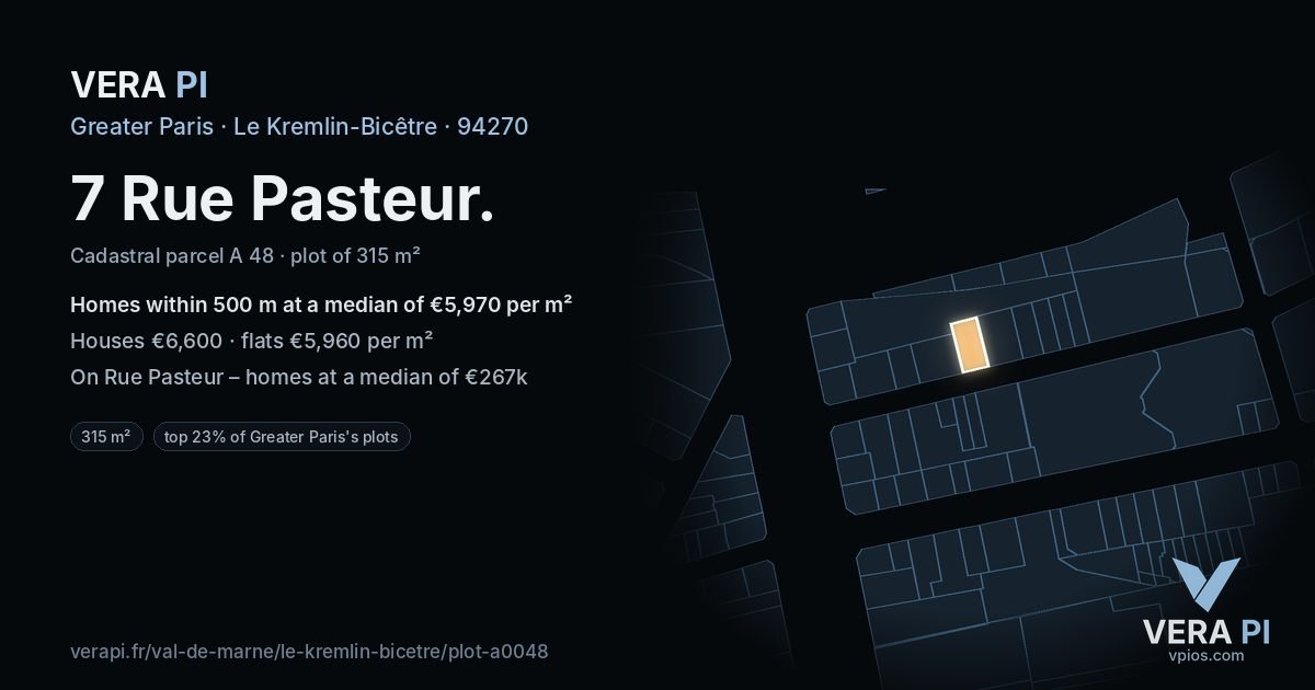 7 Rue Pasteur, Le Kremlin-Bicêtre at night – the plot lit, the parcels around coloured by the prices near them
