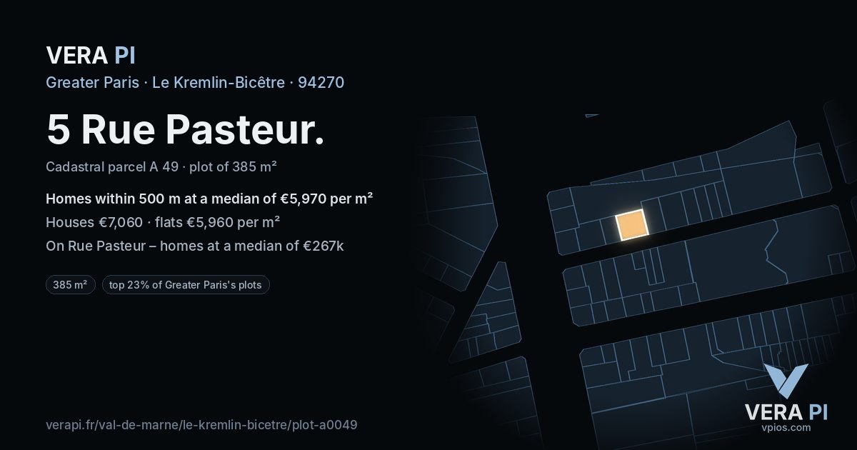 5 Rue Pasteur, Le Kremlin-Bicêtre at night – the plot lit, the parcels around coloured by the prices near them