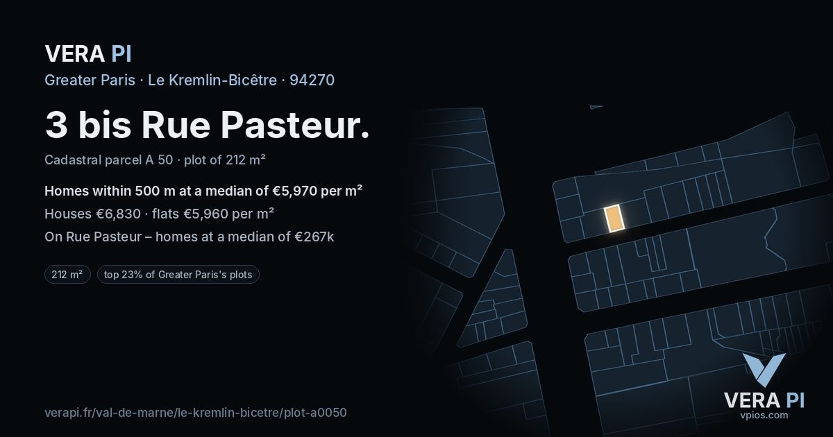 3 bis Rue Pasteur, Le Kremlin-Bicêtre at night – the plot lit, the parcels around coloured by the prices near them