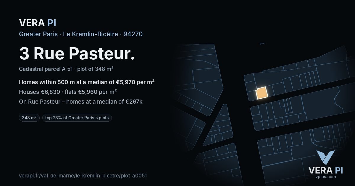 3 Rue Pasteur, Le Kremlin-Bicêtre at night – the plot lit, the parcels around coloured by the prices near them