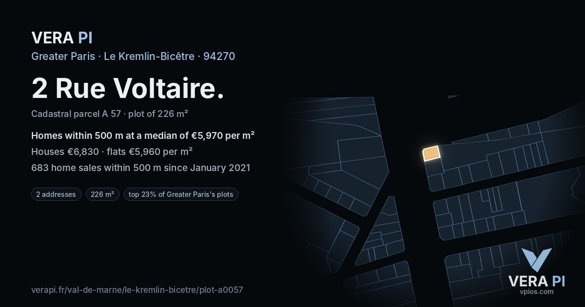 2 Rue Voltaire, Le Kremlin-Bicêtre at night – the plot lit, the parcels around coloured by the prices near them