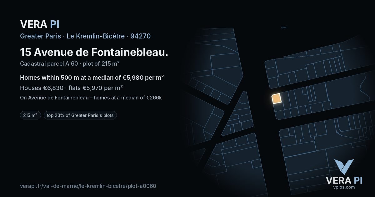 15 Avenue de Fontainebleau, Le Kremlin-Bicêtre at night – the plot lit, the parcels around coloured by the prices near them