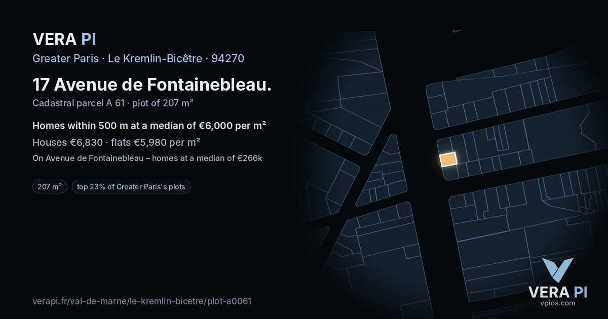 17 Avenue de Fontainebleau, Le Kremlin-Bicêtre at night – the plot lit, the parcels around coloured by the prices near them