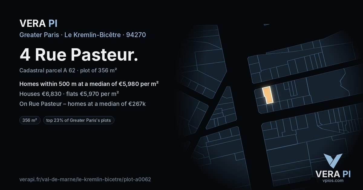 4 Rue Pasteur, Le Kremlin-Bicêtre at night – the plot lit, the parcels around coloured by the prices near them