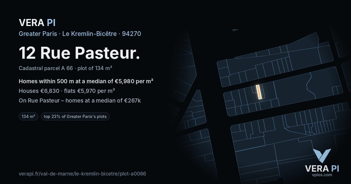 12 Rue Pasteur, Le Kremlin-Bicêtre at night – the plot lit, the parcels around coloured by the prices near them