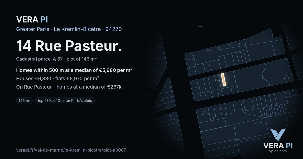 14 Rue Pasteur, Le Kremlin-Bicêtre at night – the plot lit, the parcels around coloured by the prices near them
