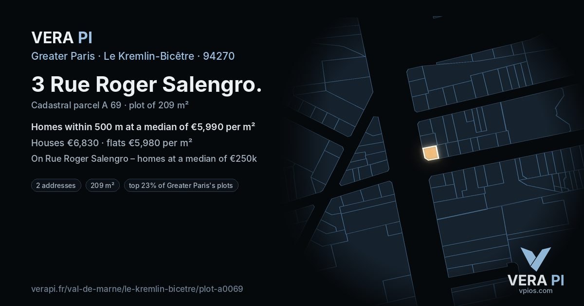 3 Rue Roger Salengro, Le Kremlin-Bicêtre at night – the plot lit, the parcels around coloured by the prices near them