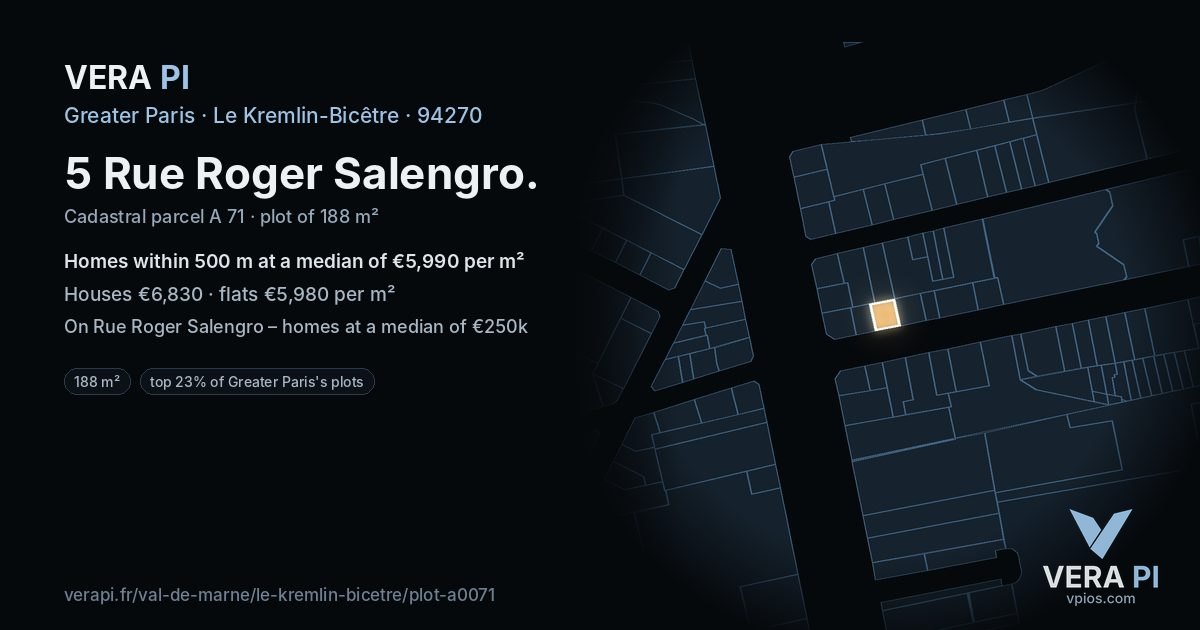 5 Rue Roger Salengro, Le Kremlin-Bicêtre at night – the plot lit, the parcels around coloured by the prices near them