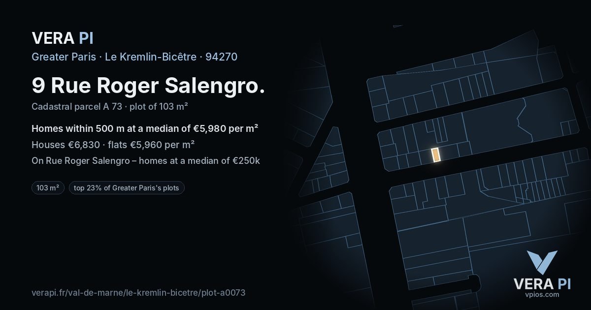 9 Rue Roger Salengro, Le Kremlin-Bicêtre at night – the plot lit, the parcels around coloured by the prices near them