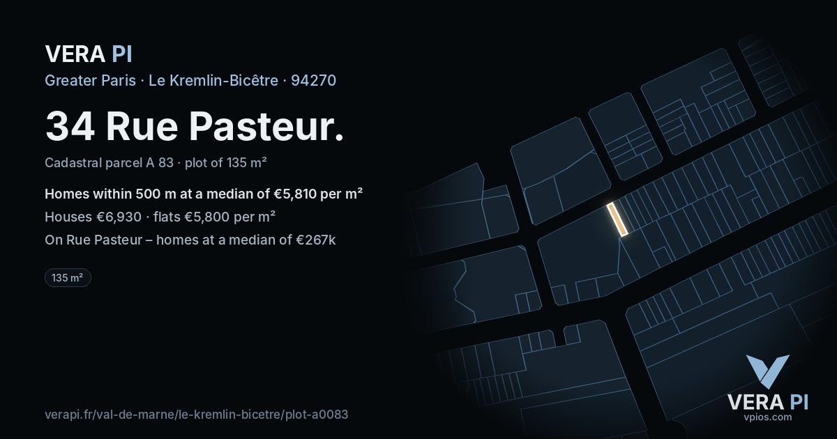 34 Rue Pasteur, Le Kremlin-Bicêtre at night – the plot lit, the parcels around coloured by the prices near them