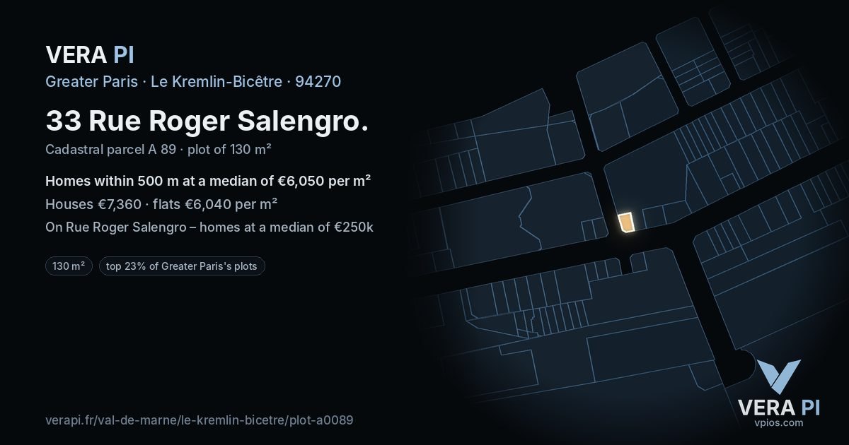 33 Rue Roger Salengro, Le Kremlin-Bicêtre at night – the plot lit, the parcels around coloured by the prices near them