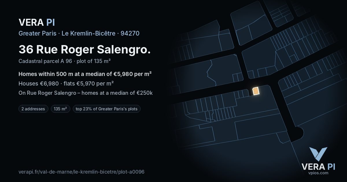 36 Rue Roger Salengro, Le Kremlin-Bicêtre at night – the plot lit, the parcels around coloured by the prices near them