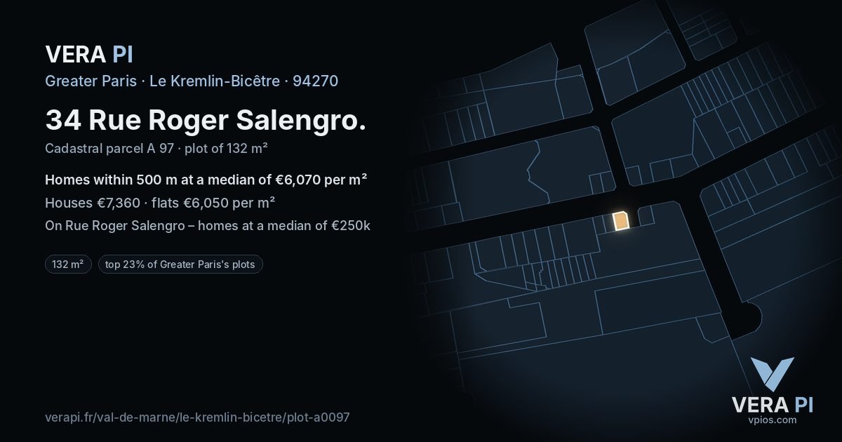 34 Rue Roger Salengro, Le Kremlin-Bicêtre at night – the plot lit, the parcels around coloured by the prices near them