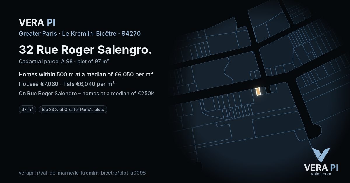 32 Rue Roger Salengro, Le Kremlin-Bicêtre at night – the plot lit, the parcels around coloured by the prices near them