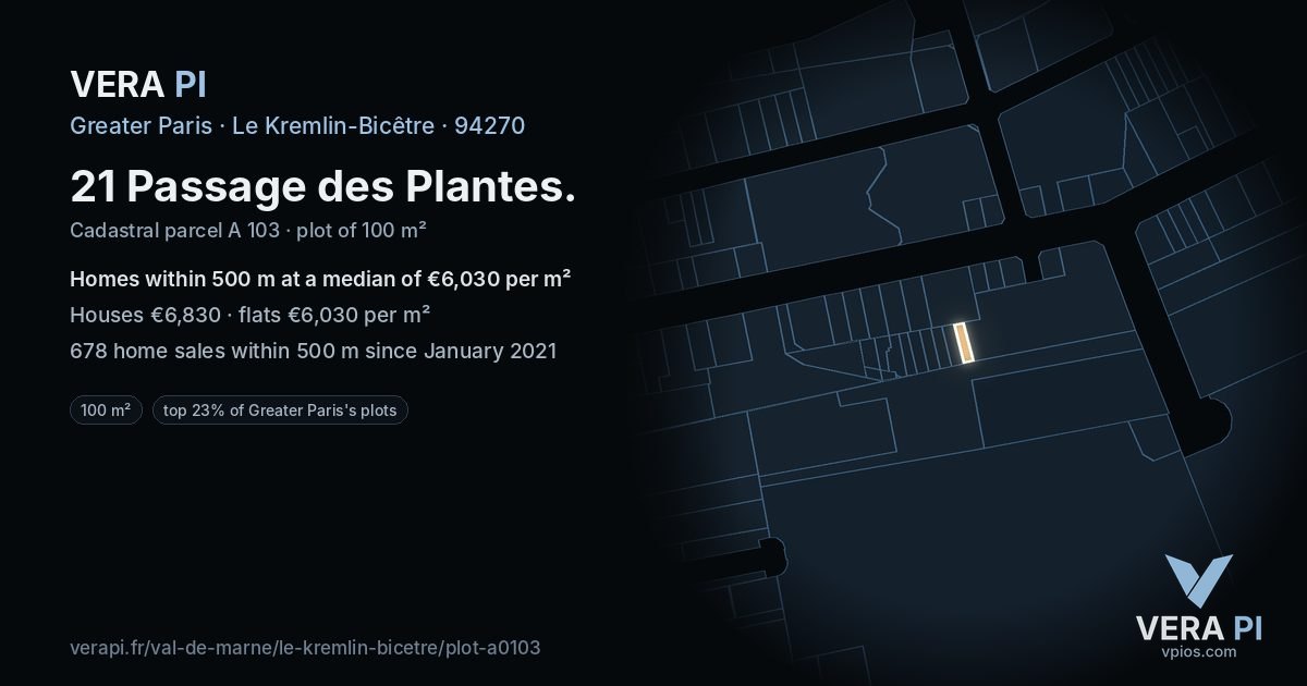 21 Passage des Plantes, Le Kremlin-Bicêtre at night – the plot lit, the parcels around coloured by the prices near them