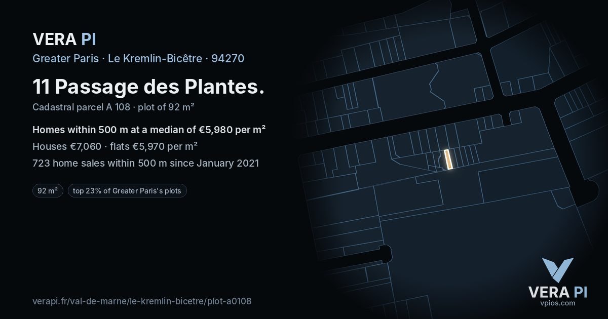 11 Passage des Plantes, Le Kremlin-Bicêtre at night – the plot lit, the parcels around coloured by the prices near them