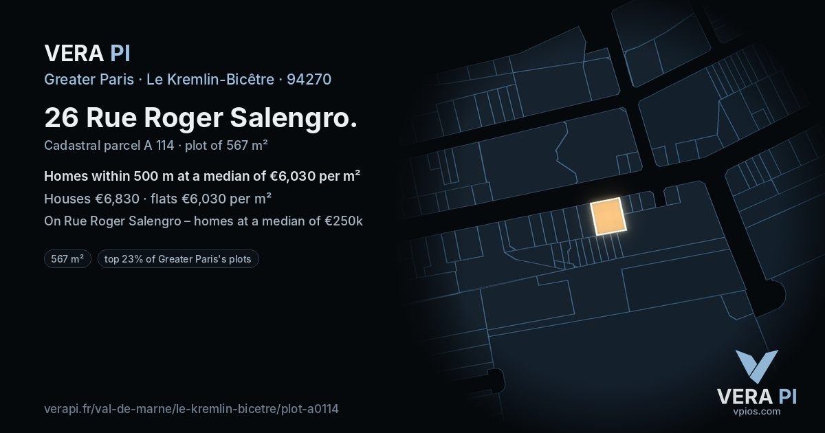 26 Rue Roger Salengro, Le Kremlin-Bicêtre at night – the plot lit, the parcels around coloured by the prices near them