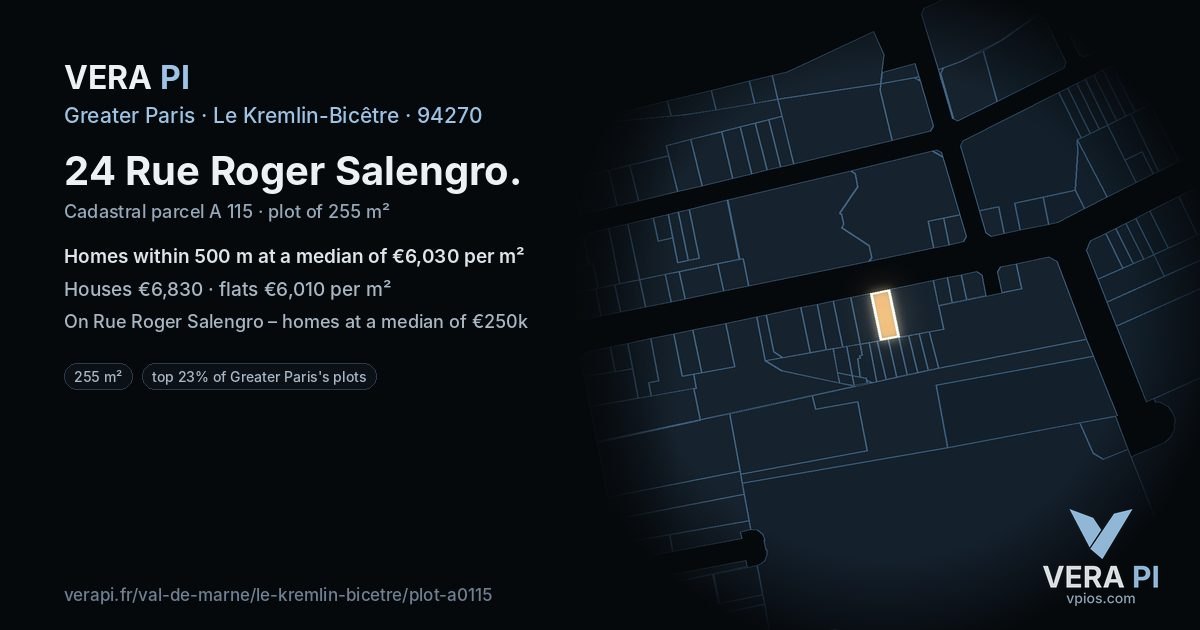 24 Rue Roger Salengro, Le Kremlin-Bicêtre at night – the plot lit, the parcels around coloured by the prices near them
