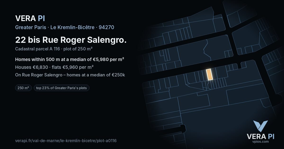 22 bis Rue Roger Salengro, Le Kremlin-Bicêtre at night – the plot lit, the parcels around coloured by the prices near them