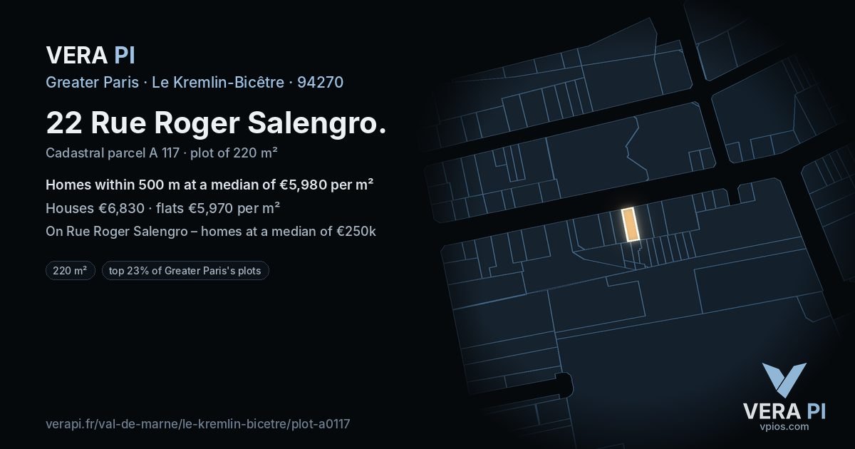 22 Rue Roger Salengro, Le Kremlin-Bicêtre at night – the plot lit, the parcels around coloured by the prices near them