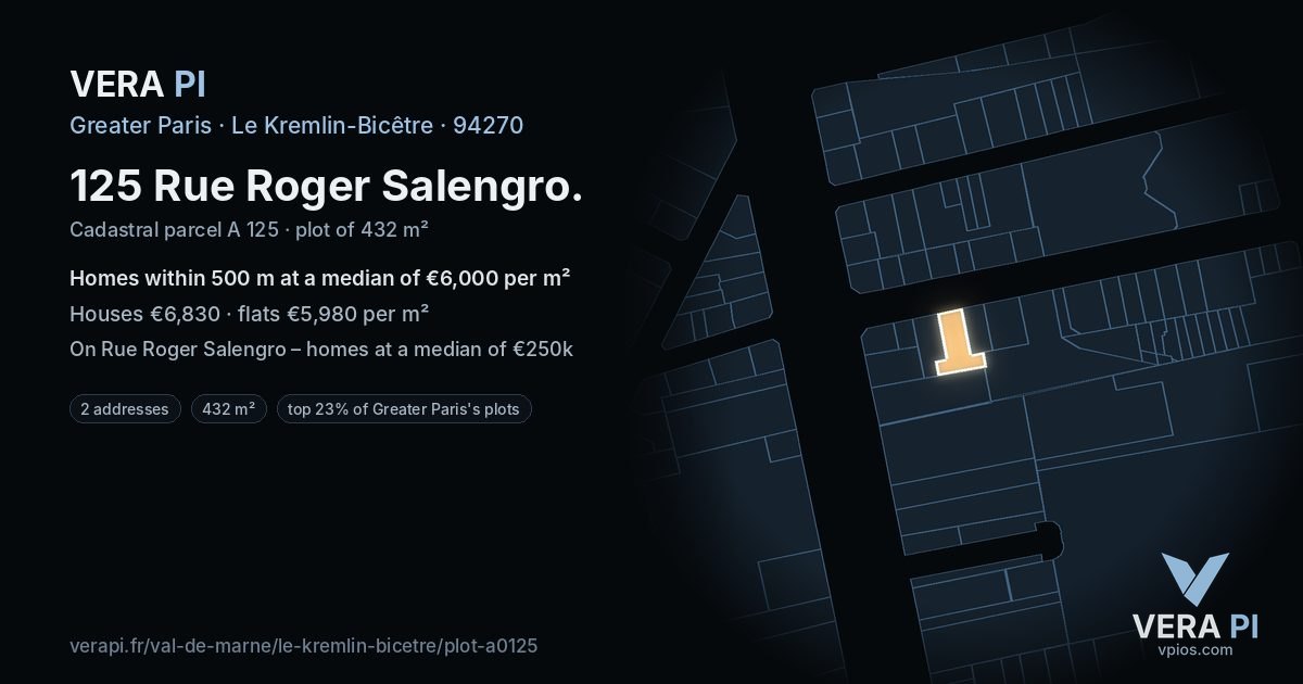 125 Rue Roger Salengro, Le Kremlin-Bicêtre at night – the plot lit, the parcels around coloured by the prices near them