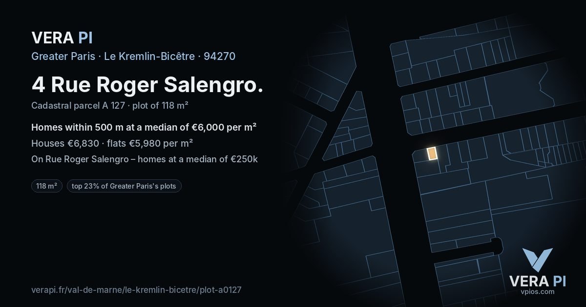 4 Rue Roger Salengro, Le Kremlin-Bicêtre at night – the plot lit, the parcels around coloured by the prices near them
