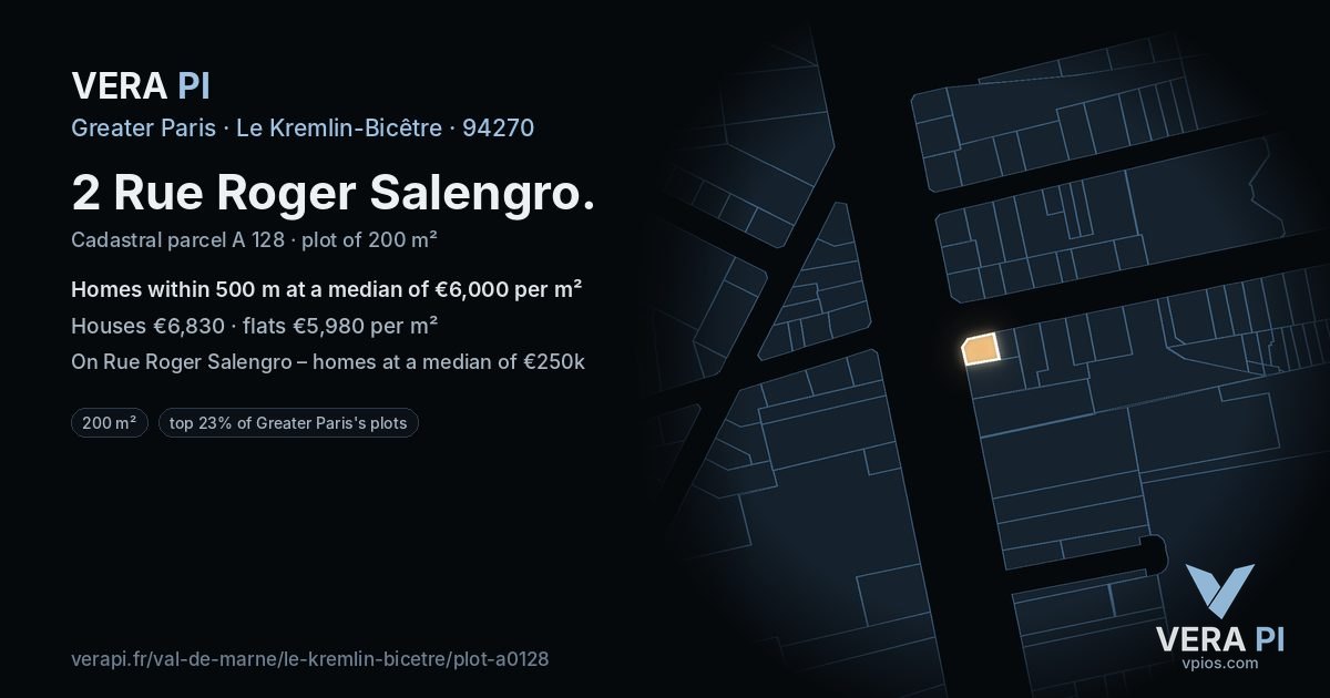 2 Rue Roger Salengro, Le Kremlin-Bicêtre at night – the plot lit, the parcels around coloured by the prices near them