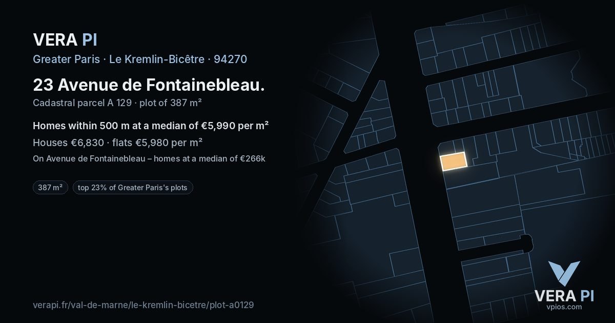 23 Avenue de Fontainebleau, Le Kremlin-Bicêtre at night – the plot lit, the parcels around coloured by the prices near them