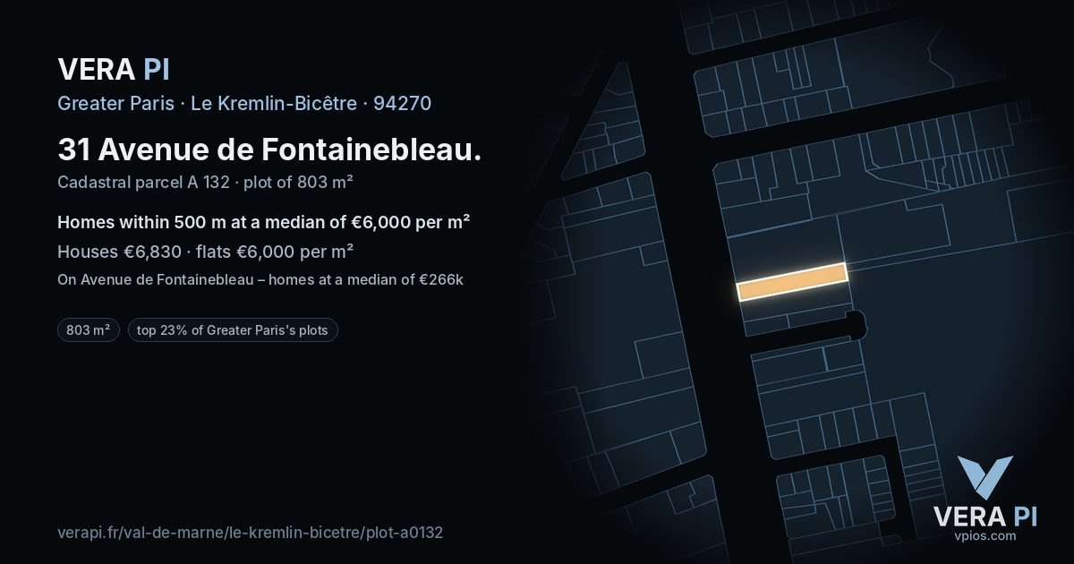 31 Avenue de Fontainebleau, Le Kremlin-Bicêtre at night – the plot lit, the parcels around coloured by the prices near them